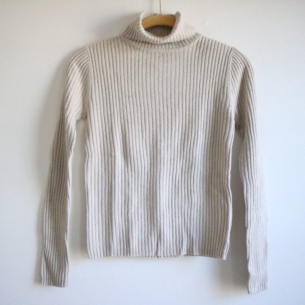 Cream Ribbed Turtleneck Wool Sweater - Picture 1 of 5